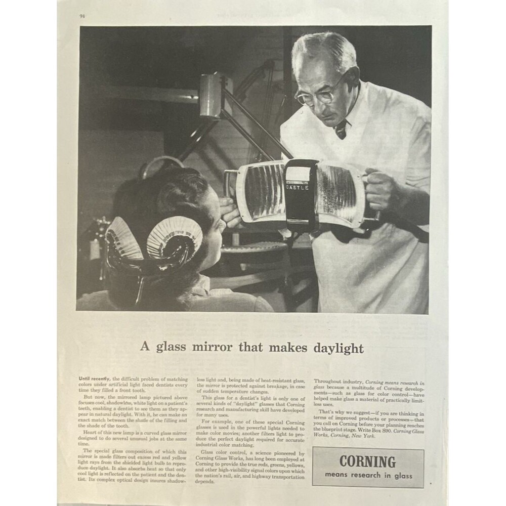 Corning "Means Research in Glass- Dental Light" Vintage Print Ad 1950